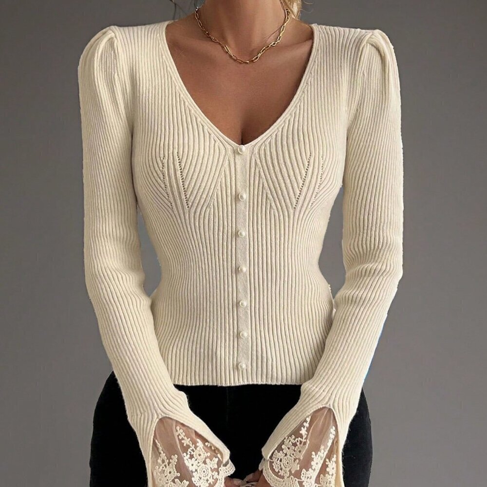 Beige Casual Women's Lace Patchwork V-Neck Fitted Knit Sweater - Picture 1 of 8